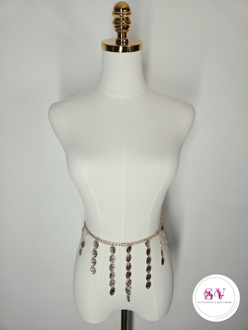 Gold chain belt with dangling circular charms